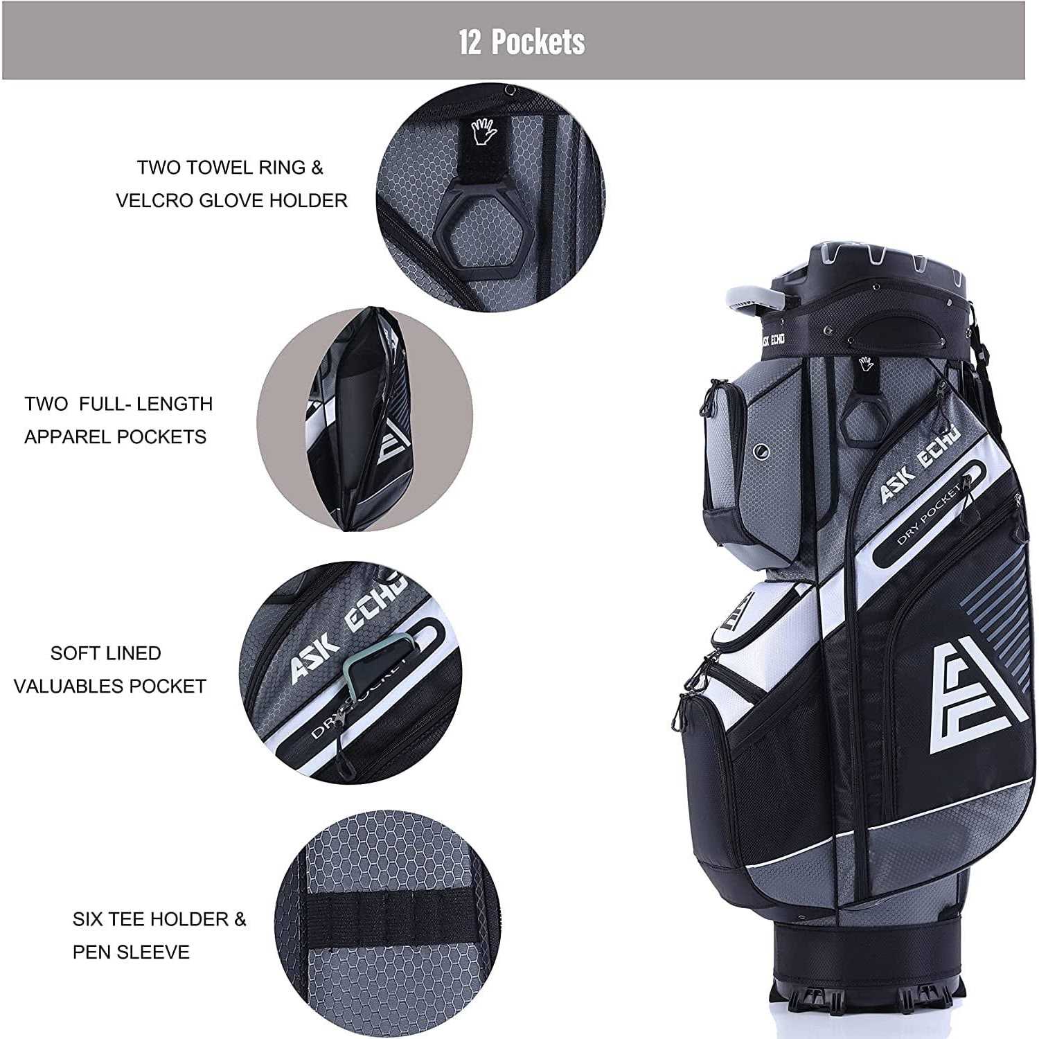ASK ECHO T-Lock Golf Cart Bag with 14 Way Organizer Divider Top, Premium Cart Bag with Handles and Rain Cover for Men - Image 4