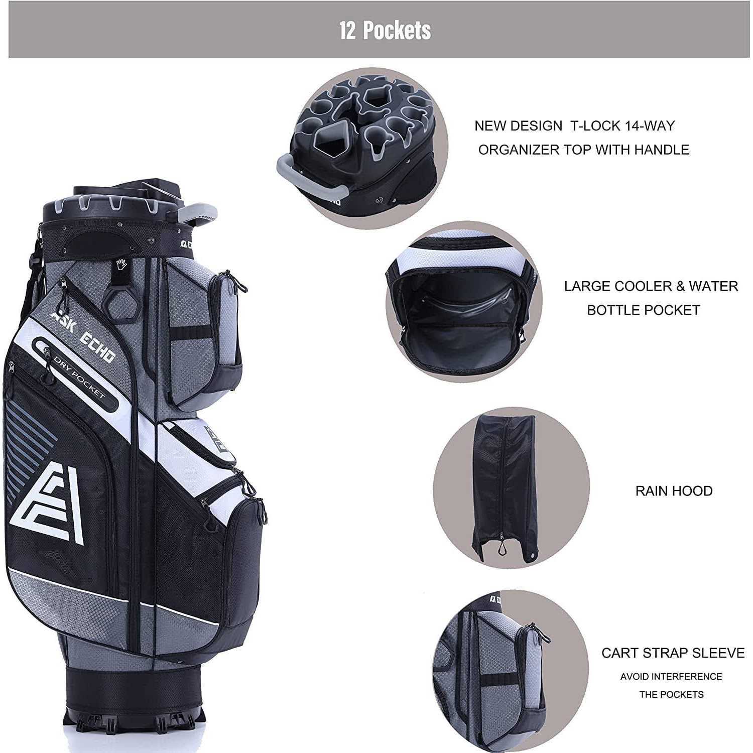 ASK ECHO T-Lock Golf Cart Bag with 14 Way Organizer Divider Top, Premium Cart Bag with Handles and Rain Cover for Men - Image 5