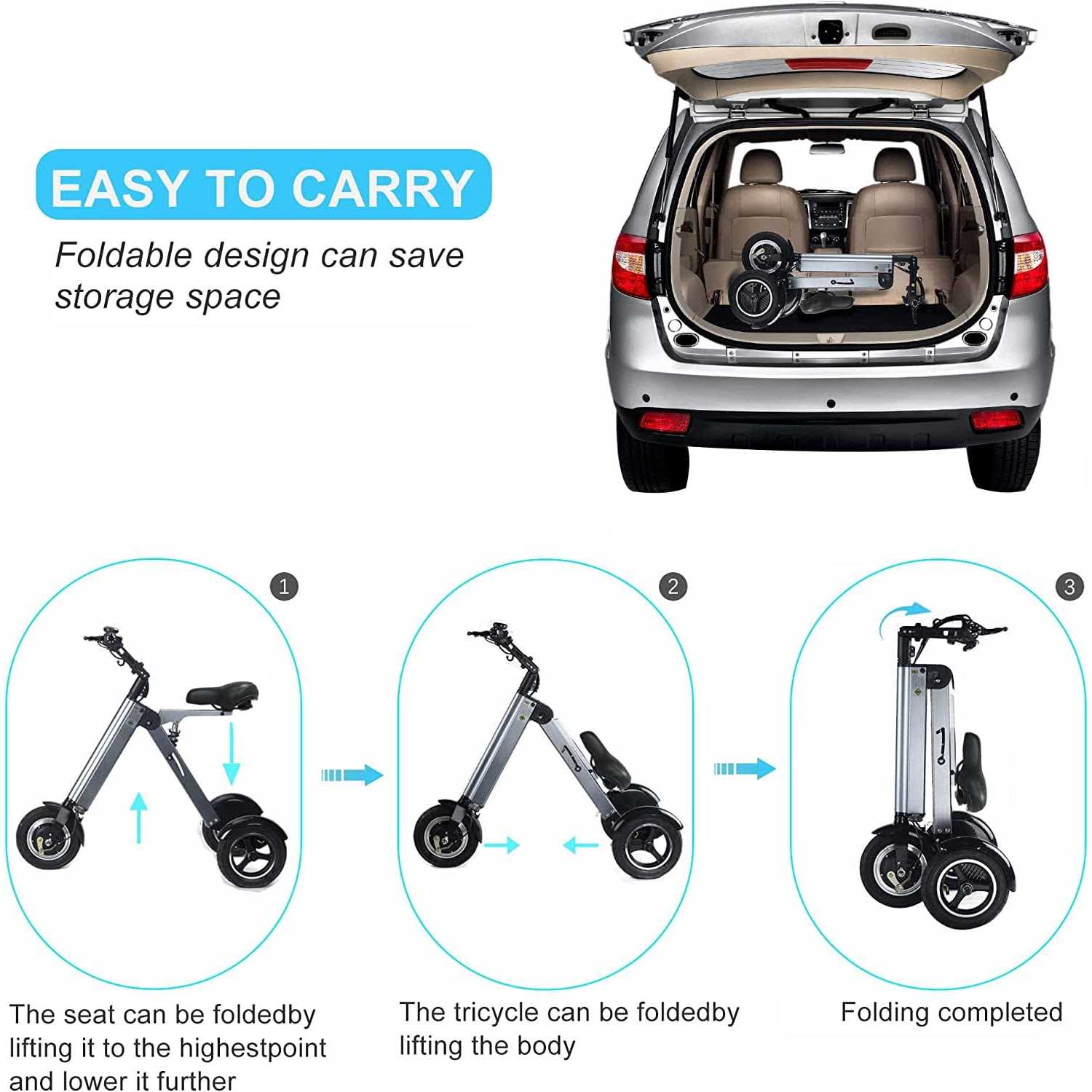 Topmate ES32 Electric Scooter Tricycle for Adult, Foldable 3 Wheel Mobility Scooter with Reverse Function, Key Switch and Electric - Image 4