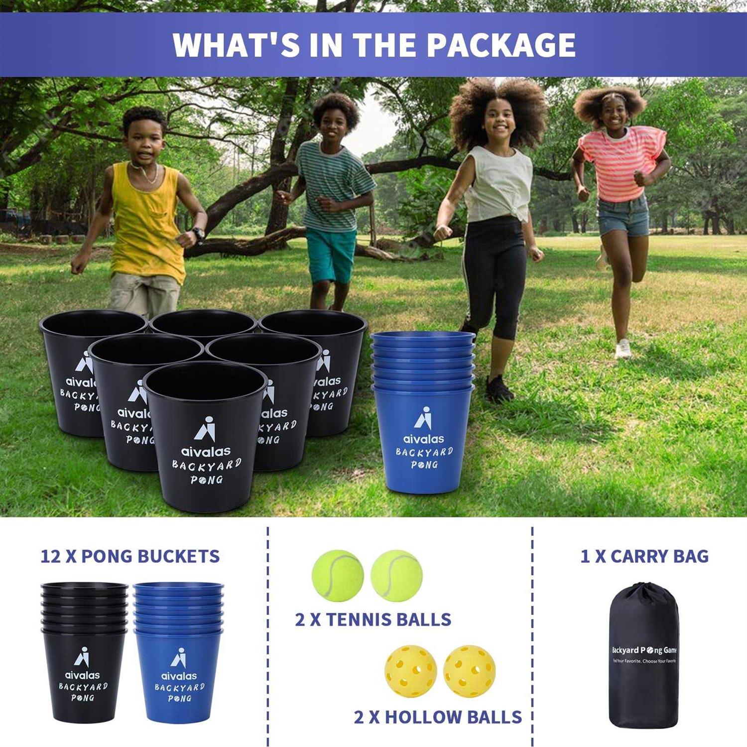 Aivalas Yard Pong Outdoor Games Set, Giant Yard Pong game for adults and family with 12 Buckets, 4 Balls and a carrying Bag - Image 4