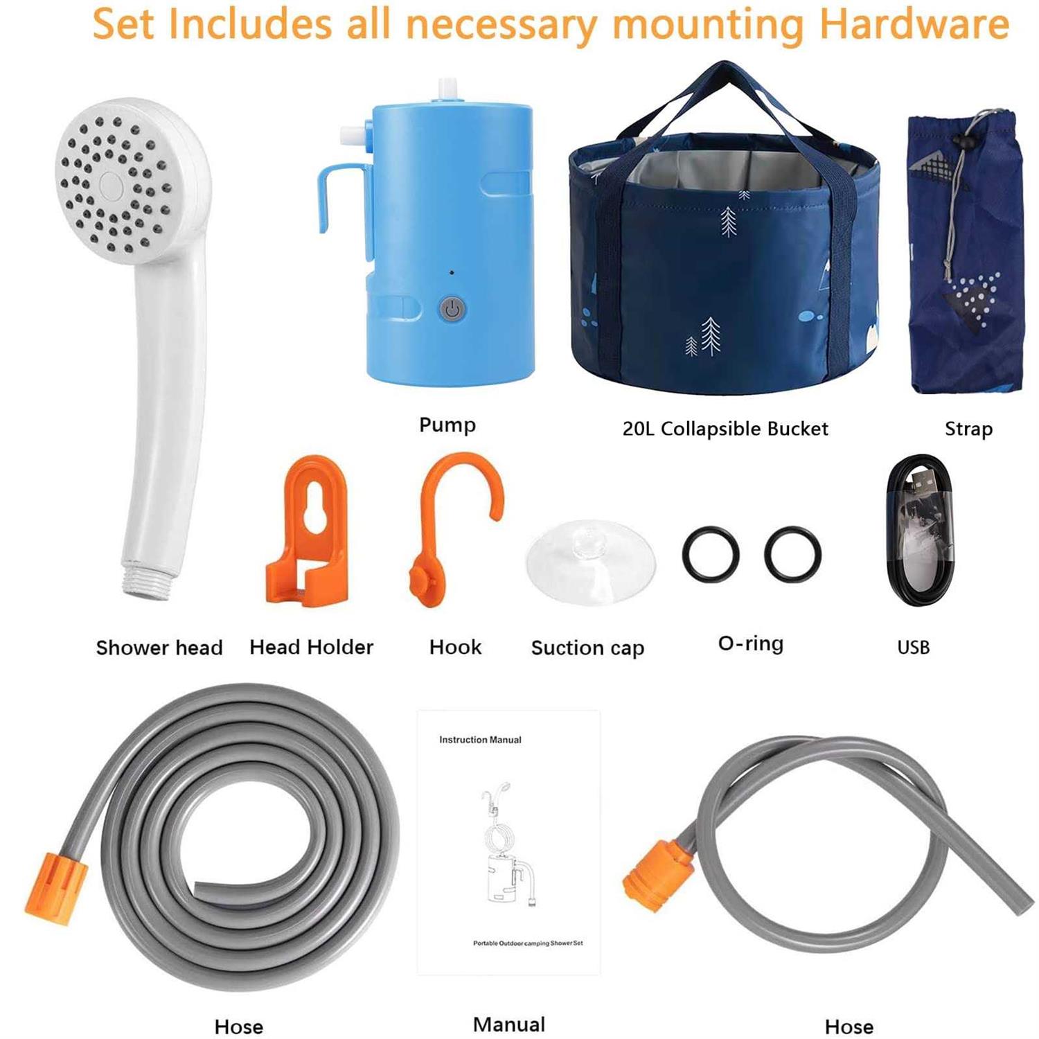 B.TAWD Portable Camping Shower Built-in 4400mAh USB Rechargeable IPX7 Waterproof Battery Shower Pump+Collapsible Bucket for Family Camp Hiking - Image 3