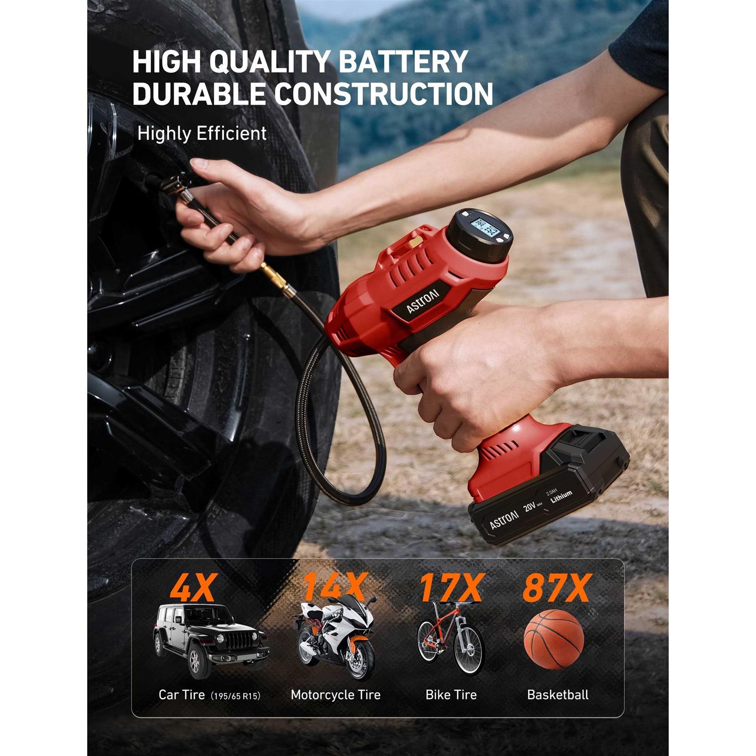 AstroAI Car Auto Tire Inflator 160 PSI Cordless Car Air Pump with 20V Rechargeable Battery - Image 3