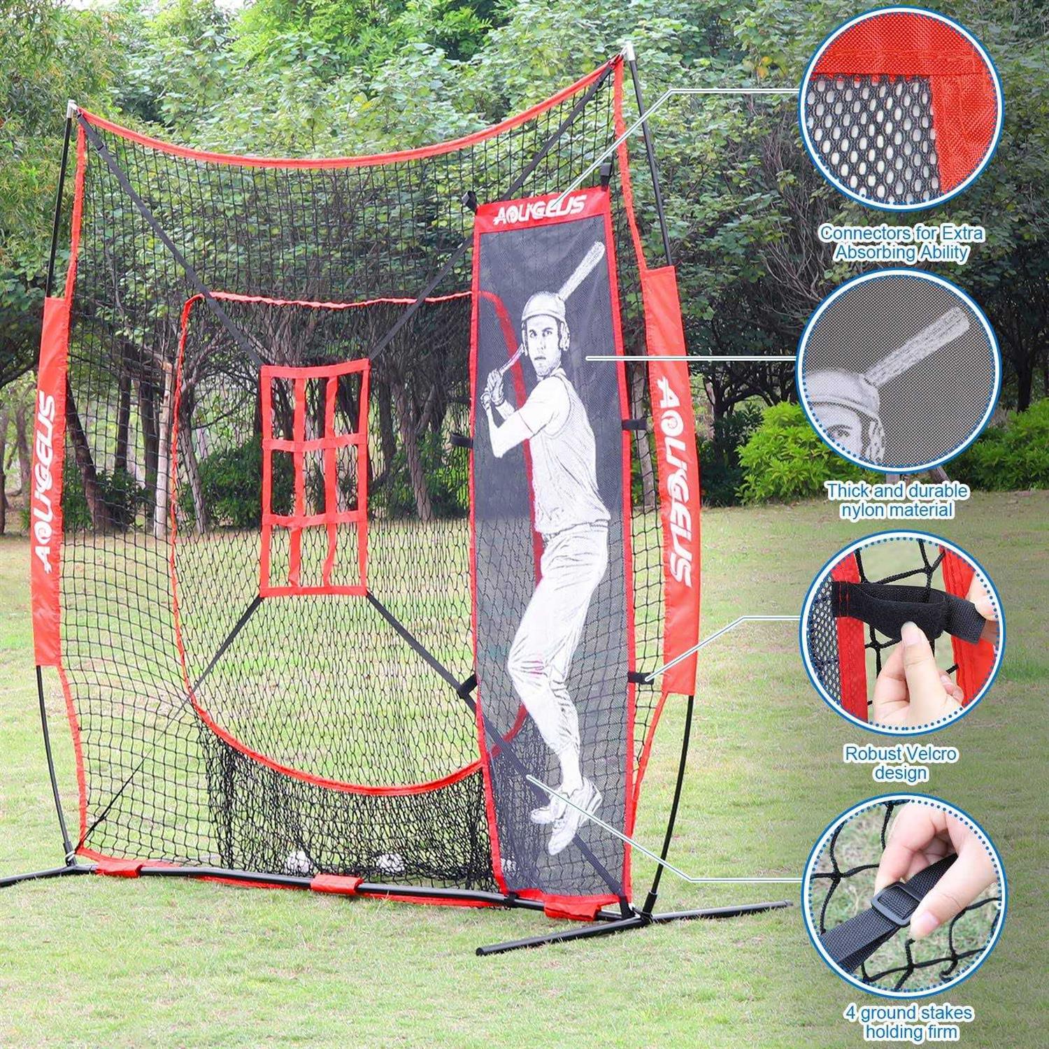 AOLIGEIJS 7'X7' Baseball Softball Practice Net,Pitching Net,Batting Net,with Baseball Tee,Bonus Strike Zone and Bow Frame,for Hitting,Pitching - Image 4