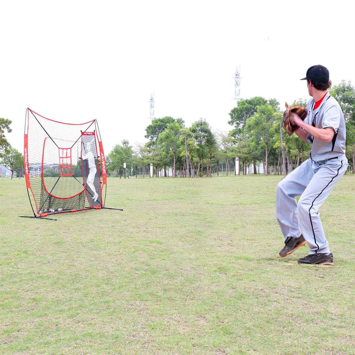 AOLIGEIJS 7'X7' Baseball Softball Practice Net,Pitching Net,Batting Net,with Baseball Tee,Bonus Strike Zone and Bow Frame,for Hitting,Pitching - Image 5
