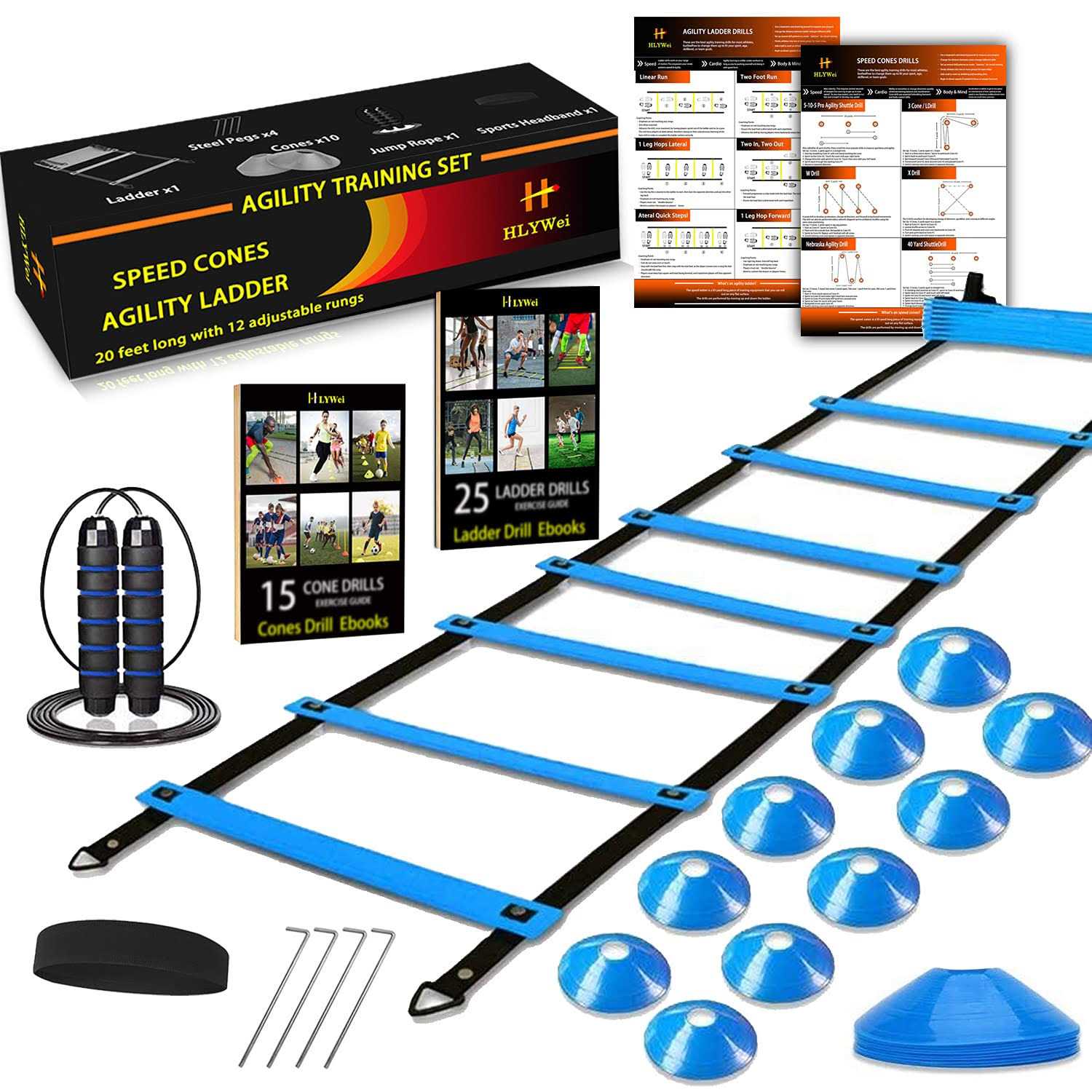 HLYWEI Speed Agility Training Set, Includes 1 Agility Ladder, 4 Steel Stakes, 1 Sports Headband,1 Jump Rope, 10 Disc Cones and Gym Carry Bag
