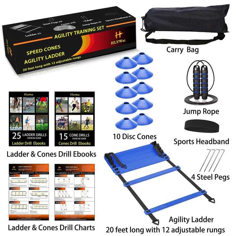 HLYWEI Speed Agility Training Set, Includes 1 Agility Ladder, 4 Steel Stakes, 1 Sports Headband,1 Jump Rope, 10 Disc Cones and Gym Carry Bag - Image 3