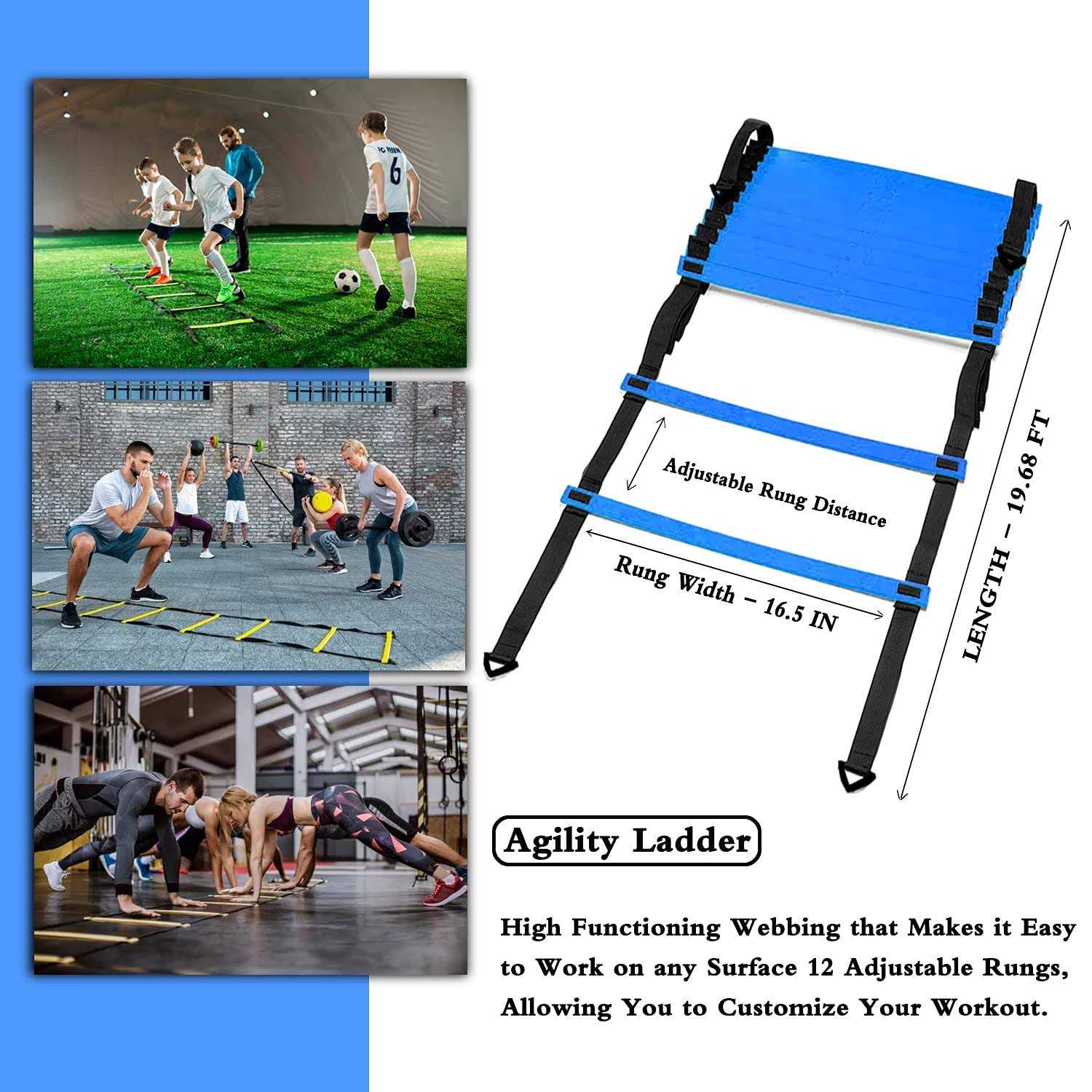 HLYWEI Speed Agility Training Set, Includes 1 Agility Ladder, 4 Steel Stakes, 1 Sports Headband,1 Jump Rope, 10 Disc Cones and Gym Carry Bag - Image 5