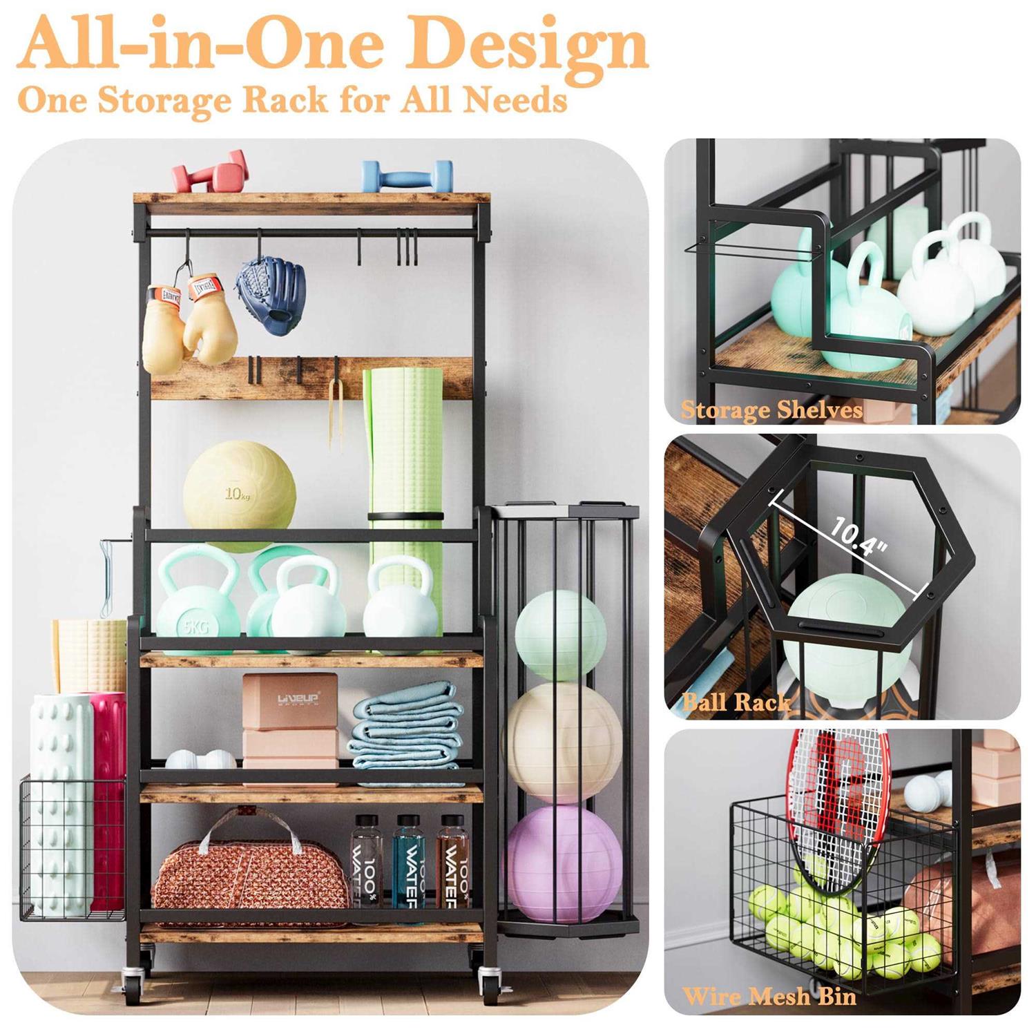 Ironck Dumbbell Rack with Ball Cage, Gym Storage for Kettlebells Yoga Mat, with Hooks and Wheels - Image 5