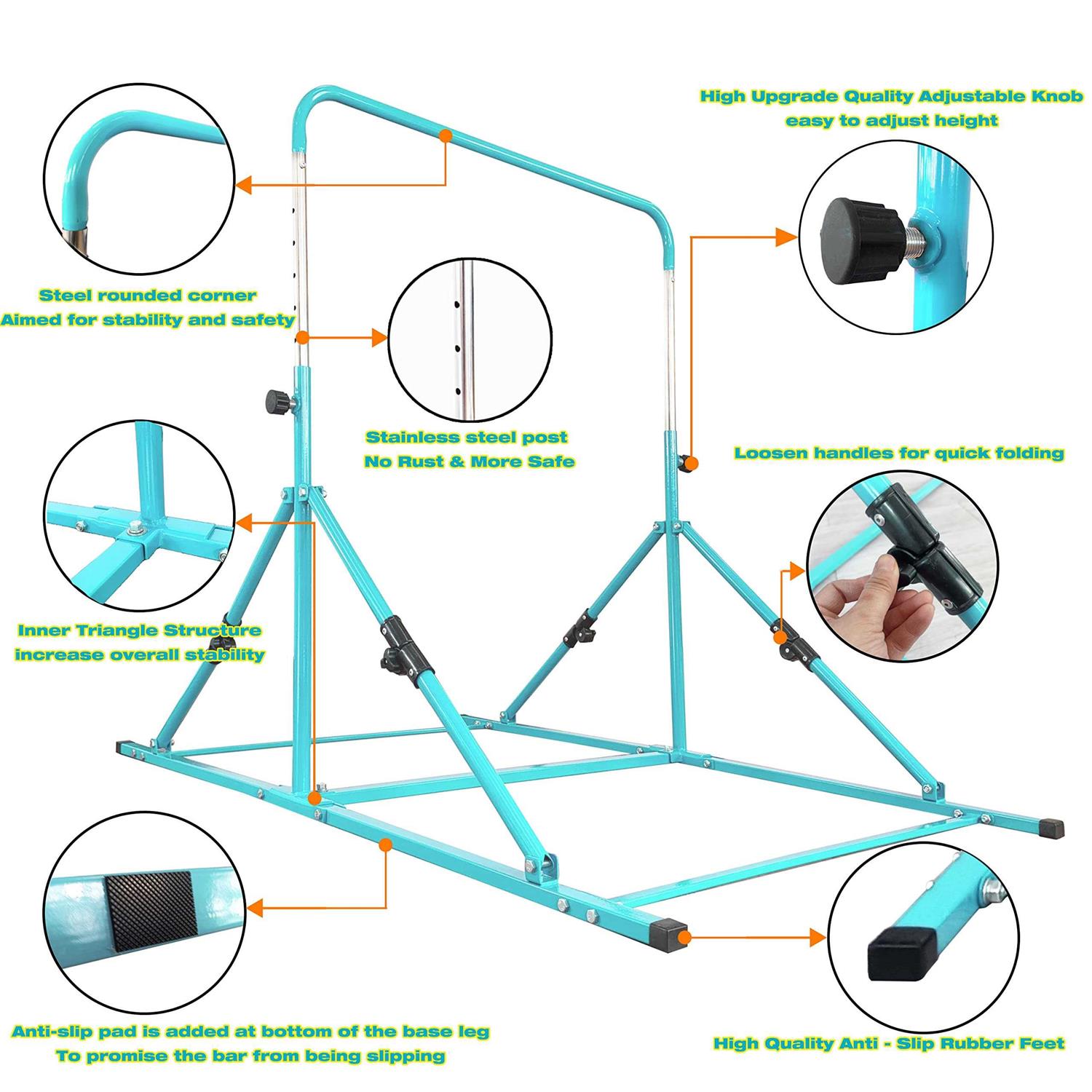 Seliyoo fodable Gymnastic kip bar, Gymnastics bar for Kids Ages 3-12,Adjustable Height from 33 to 49, Safety and Durable Triangle Base Gymnastics - Image 3