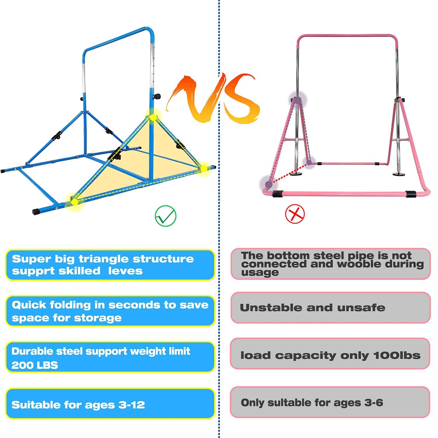 Seliyoo fodable Gymnastic kip bar, Gymnastics bar for Kids Ages 3-12,Adjustable Height from 33 to 49, Safety and Durable Triangle Base Gymnastics - Image 5