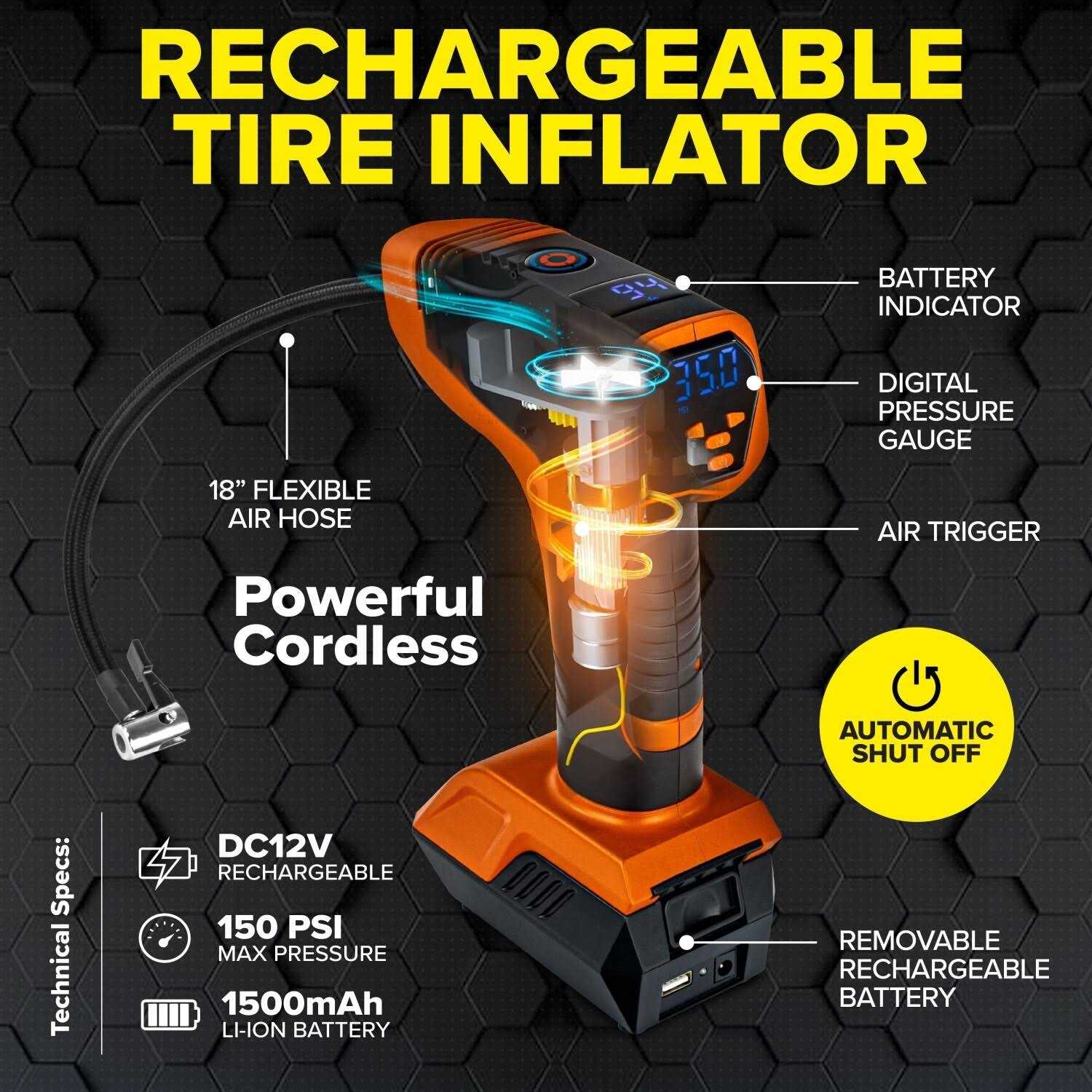 Bullseye Pro 12V 150-PSI Rechargeable Tire Inflator - Image 3