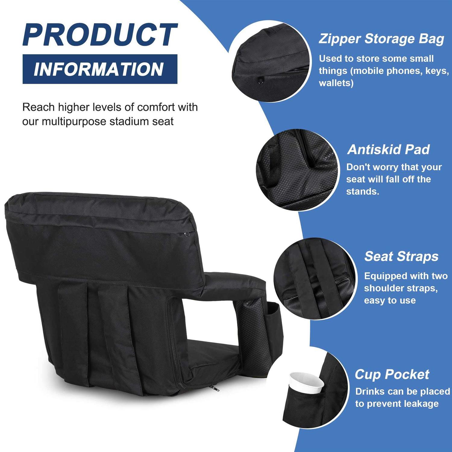 Nova Microdermabrasion Wide Stadium Seat for Bleachers with Back Support Reclining Adults Camping Stadium Chair Extra Thick Cushion Bleacher Seats - Image 4