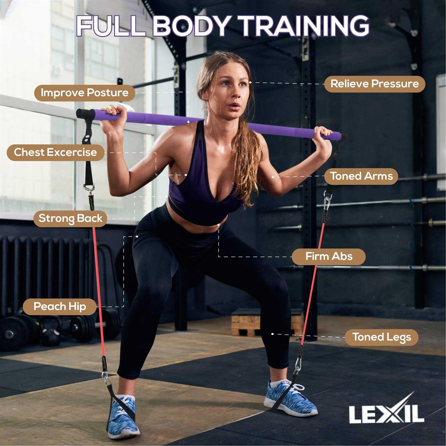 LEXIL Portable Pilates Bar Exercise Kit-Stackable 3 Pairs of Resistance Bands - Image 3